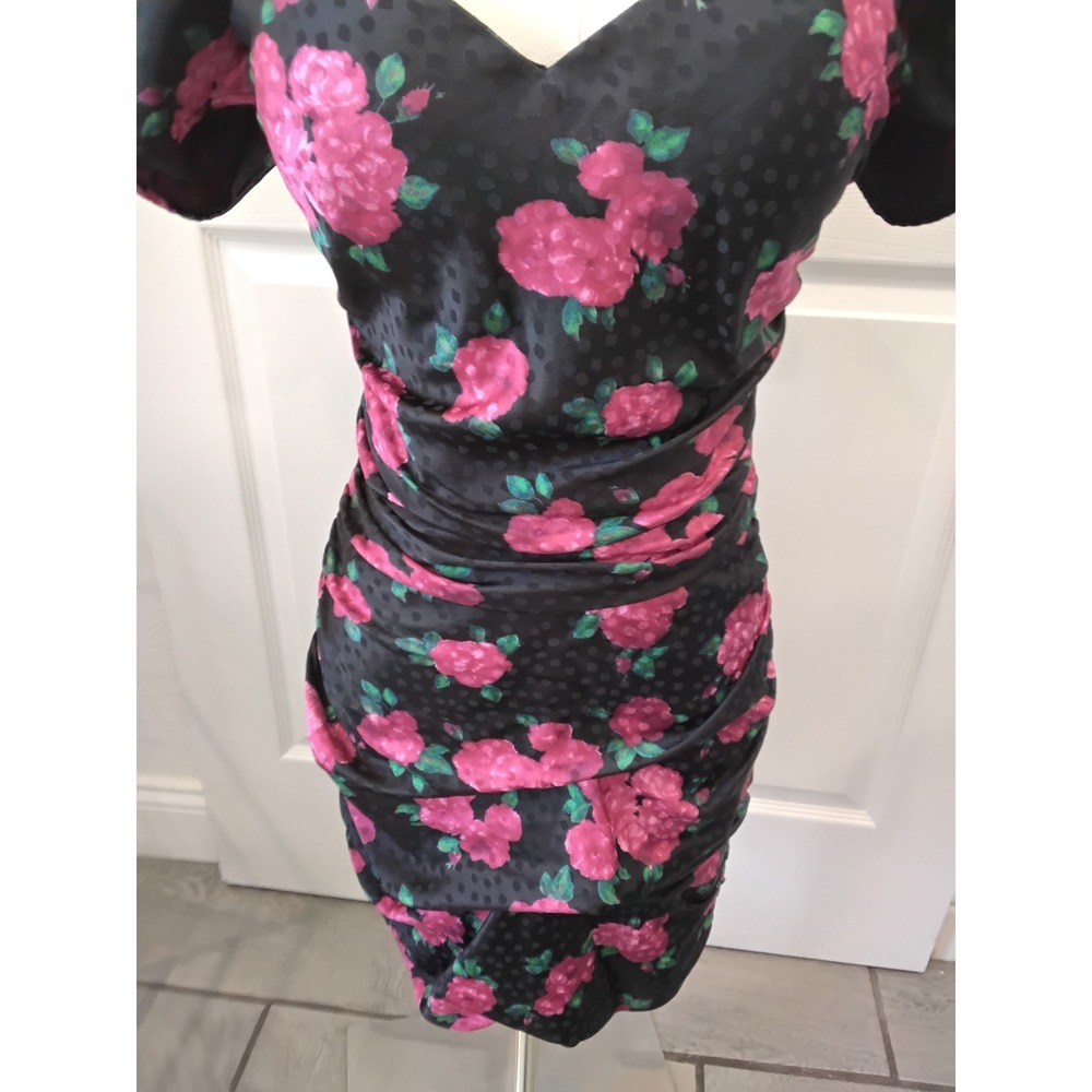 Ronny Kobo Pink Floral‎ Ruched Mini Dress Black Polka Dot Puff Sleeve Size S